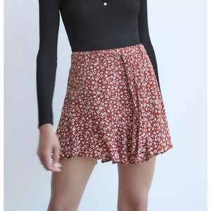 ZARA Printed Bermuda Skort Floral Mini Skirt, Red